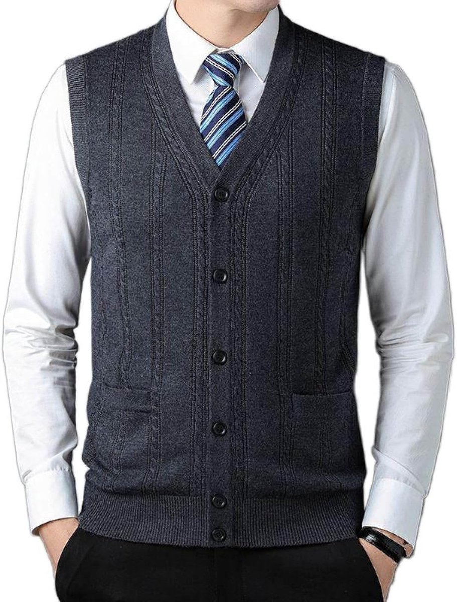 Vest Met V-Hals, Gebreid Vest Met Contrasterende Jacquard, Mouwloos Vest Met Contrasterend Jacquard, Zakelijk Casual Truivest, Herengebreid Vest, Vest Met Trui, Tanktops, Donkerblauw,