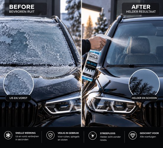 Voor en na foto van een auto met een bevroren ruit die wordt behandeld met MOLAT DE-ICER.