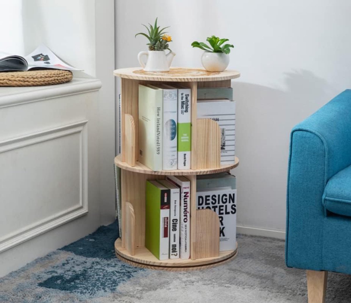 Massief houten draaibare boekenkast, 360 graden display, staande boekenkast, opbergrek voor kinderen en volwassenen, multifunctionele boekenkast, organizer (2 verdiepingen)