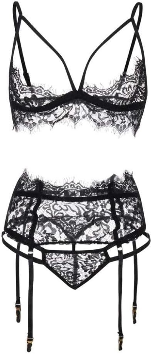 Sexy dames erotische lingerie Plus Size Nachtkleding Kant Sexy Lingerie Beha G-String Kousenband Ondergoed Porno Erotische Kostuum Verleiding Hollow Out-Black_4XL