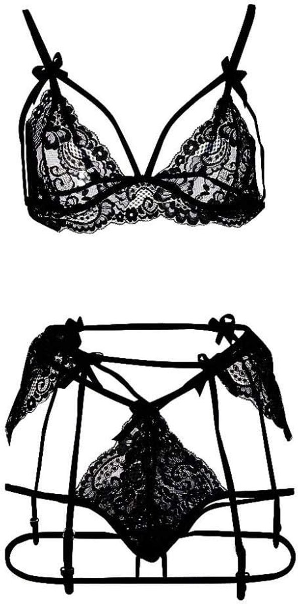 Lingerie Dameslingerie Sexy set kanten Kimono nachtkledingSexy Lingerie Dames Ondergoed Nachtkleding Kanten Beha Slipje G-string Kousenband Set-Black_XL
