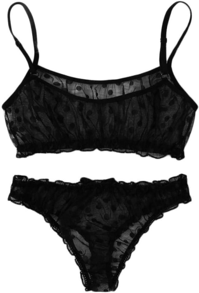 Lingeriesets dames Kant Perspectief Driepunts Sexy Ondergoed Vrouwen Sexy Dot Mesh Beha Strik Onderbroek Nachtkleding Zwarte Lingerie Set