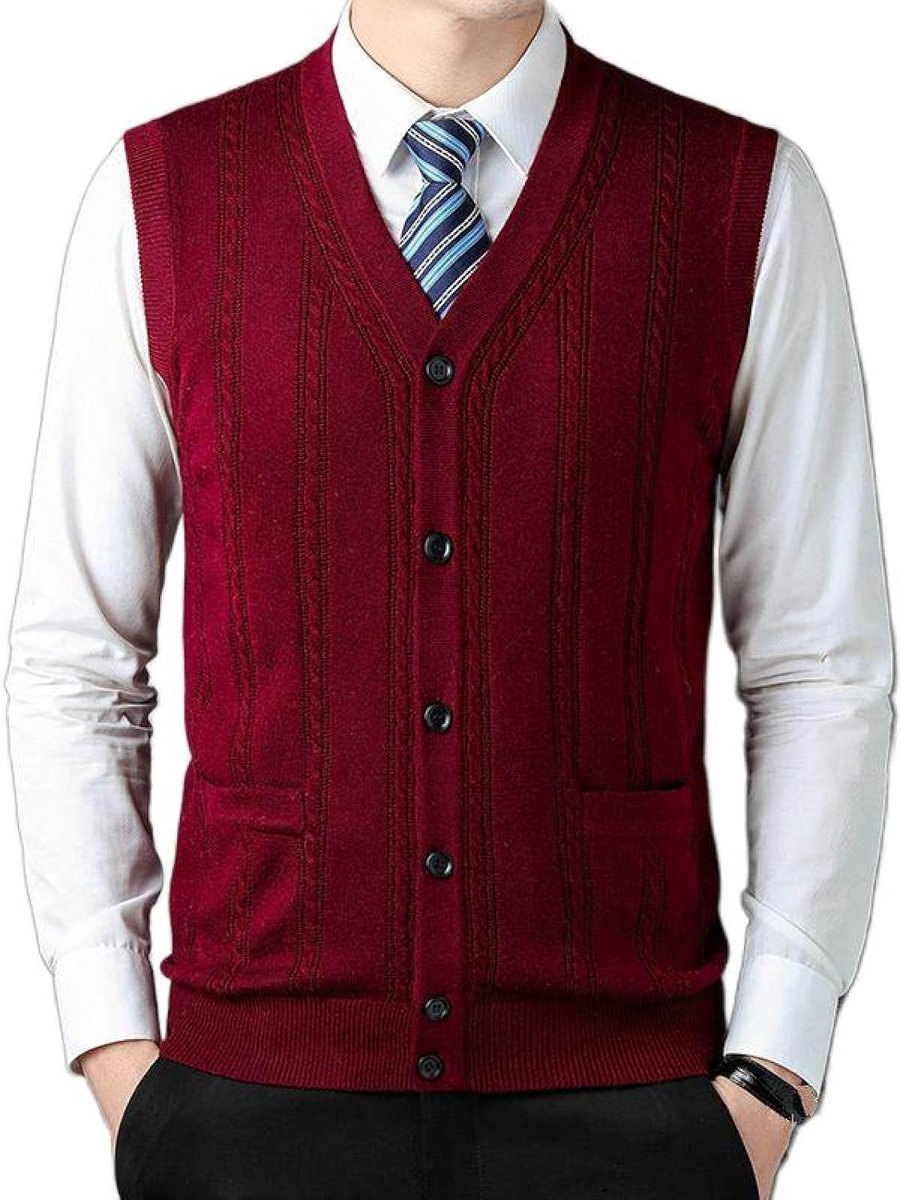 Vest Met V-Hals, Gebreid Vest Met Contrasterende Jacquard, Mouwloos Vest Met Contrasterend Jacquard, Zakelijk Casual Truivest, Herengebreid Vest, Vest Met Trui, Tanktops, Wijnrood, S