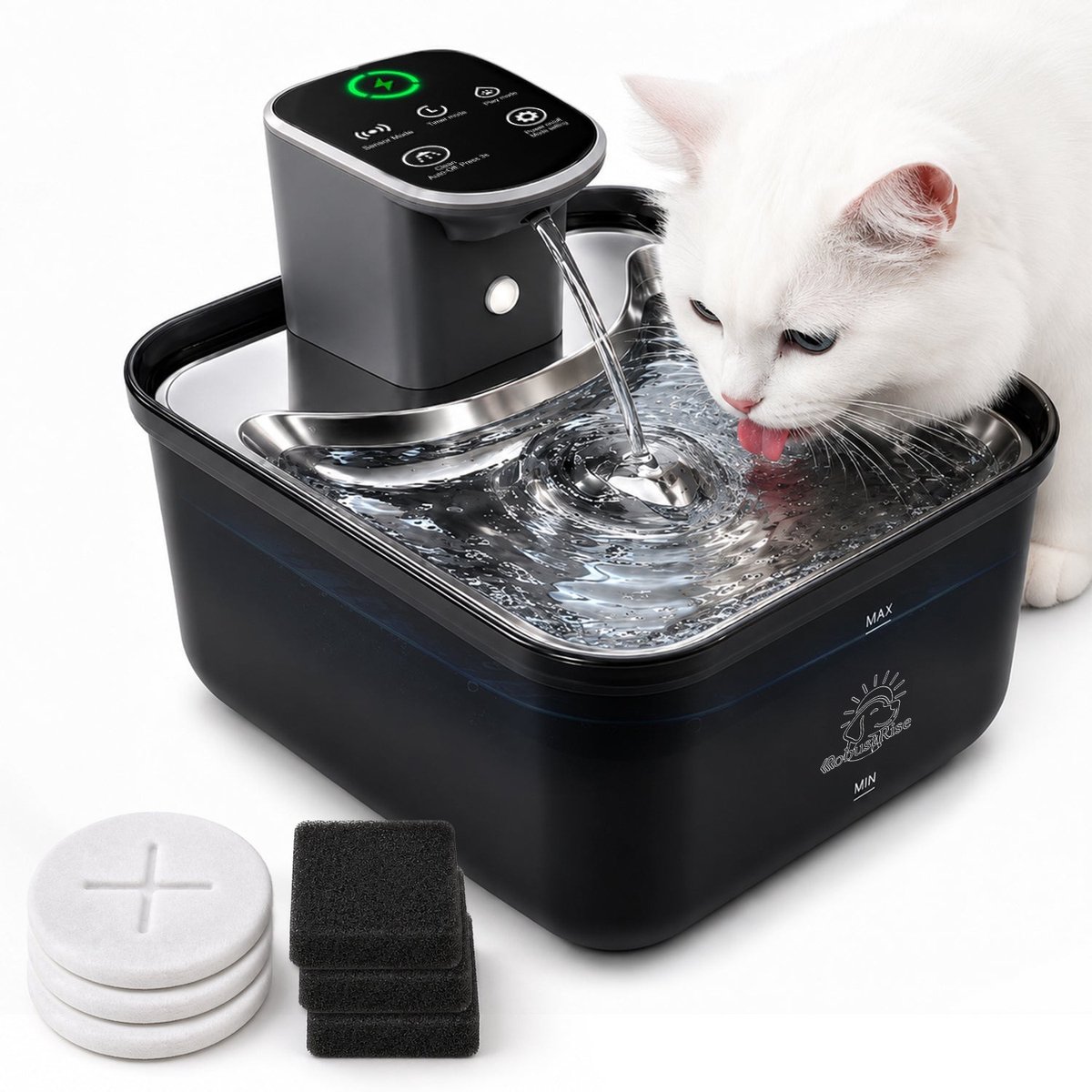 Robustrise Aqua Luxe Drinkfontein Kat 3,5L - Draadloos met Sensor - RVS Kattenfontein - Waterfontein Kat - Drinkbak Katten - Waterdispenser - Tot 50 Dagen Accu