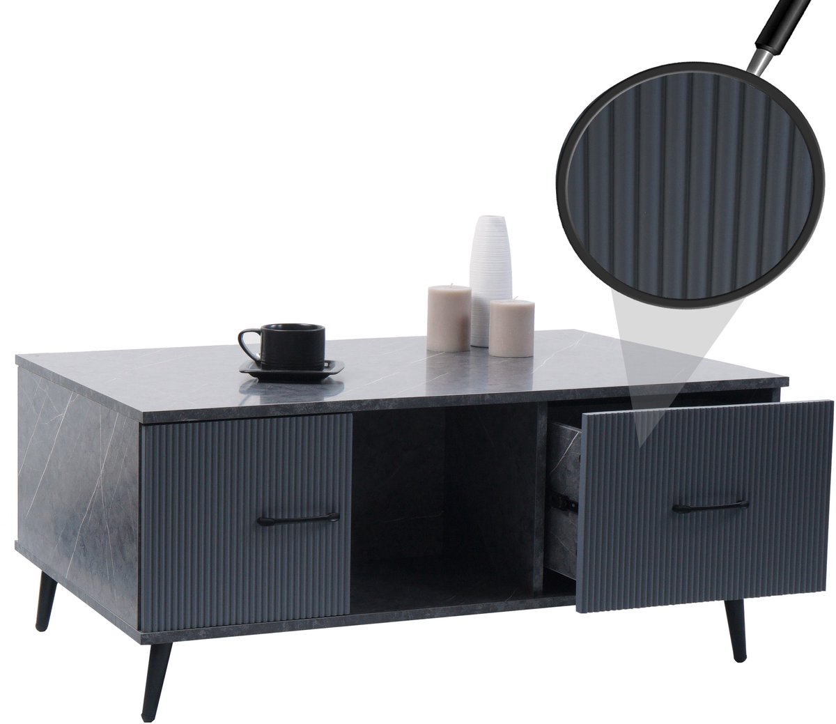 MCW Salontafel MCW-N89, bijzettafel sofatafel, laden deuren vakken melamine hout, 43x100x60cm ~ marmer look grijs