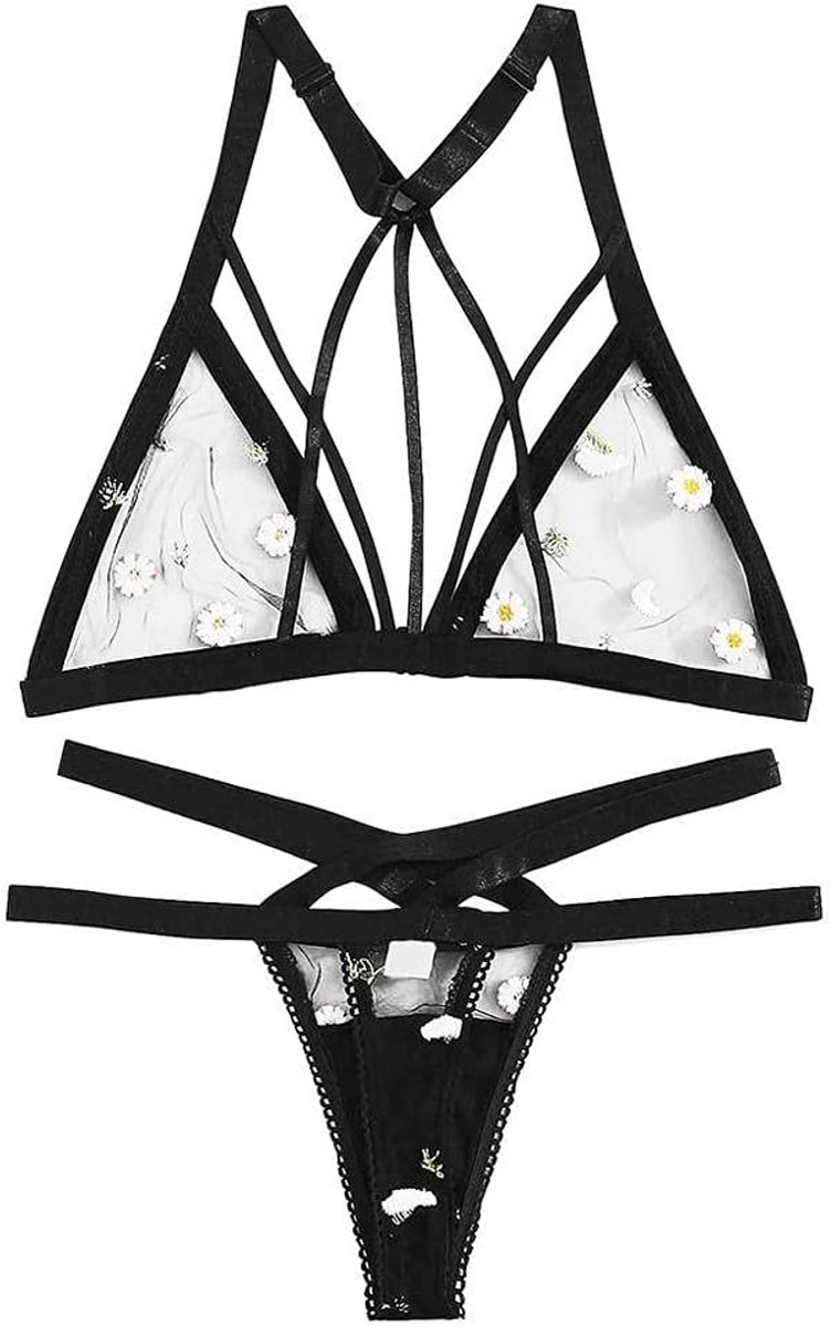 Sexy Lingerie Kanten Beha + G-string Kant Mesh Patchwork Uitgesneden Nachtkleding Mesh Lingerie Kanten String Slipje Dames Sets