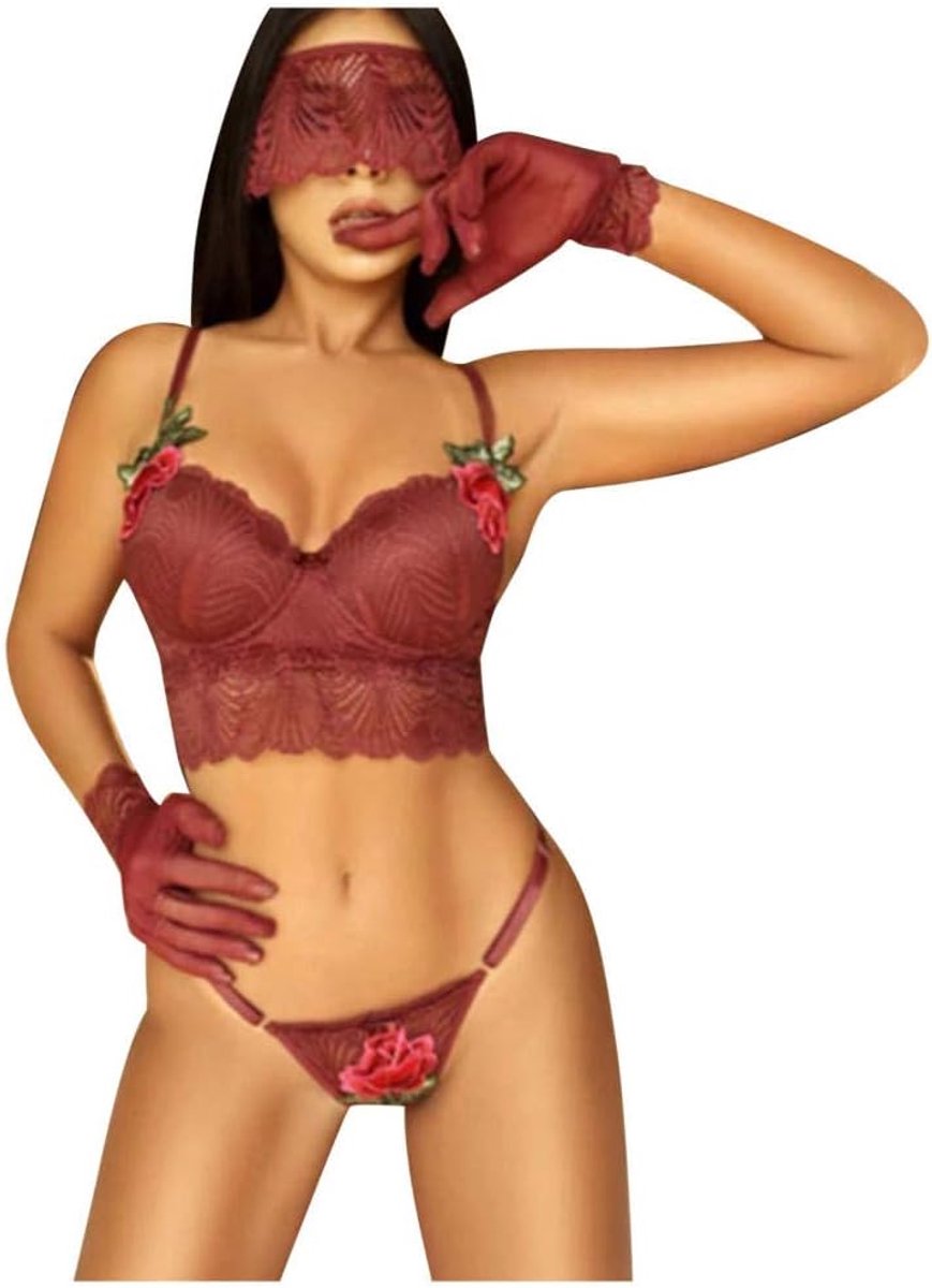 Dameskleding Sexy Lingerie Dames Porno Beha G-String Kousenband Ondergoed Transparant Kant Nachtkleding Erotische Kostuum Set