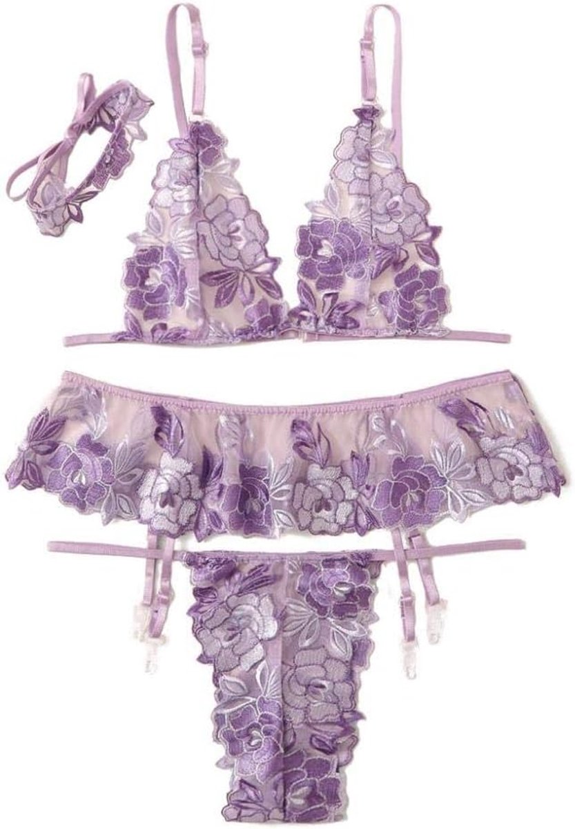 Lingerie Dameslingerie 3 ST Erotische Dames Porno Lingerie Borduren Kanten Beha Kousenband Sexy Ondergoed String Verleiding Nachtkleding Set-purple_M