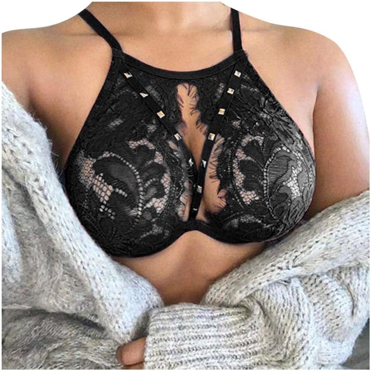 Kimono voor dames kanten robe transparant nachtkleding ochtendjas badjas lingeriesetVrouwen s Holle Kant Sexy Lingerie Bralette Diepe V Beha Sexy Lingeri Vrouwen sexy Lingerie Corset Kant Bandage-Blac