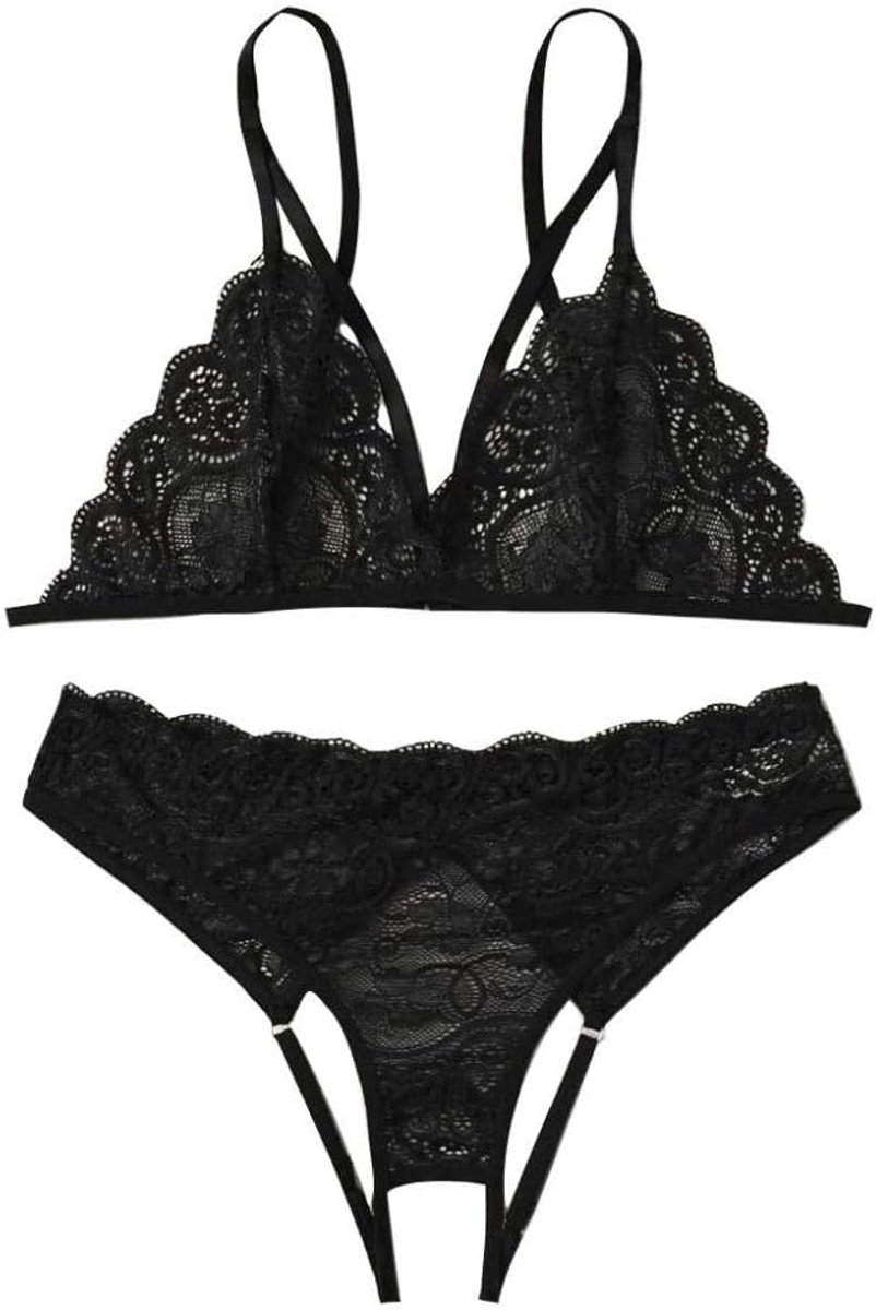 Lingeriesets dames Sexy lingerie bh string vrouwelijk ondergoed transparant kant set-Black_M