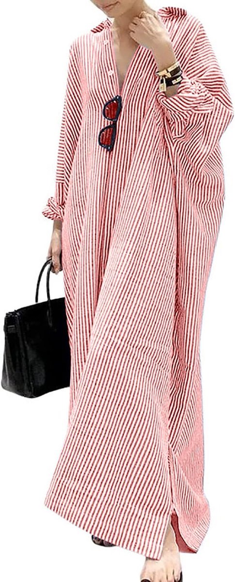 Utcoco Womens Striped Long Sleeve Dress Casual Loose Button Down Cotton Maxi Shirt Dress (XX-Large, Red)