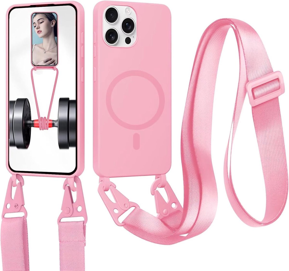 Xinyunew Telefoonhoesje met koord, compatibel met iPhone 16 Pro Max (6,9 inch), hoes met koord, afneembaar koord, zachte TPU-siliconen, schokbestendig, roze