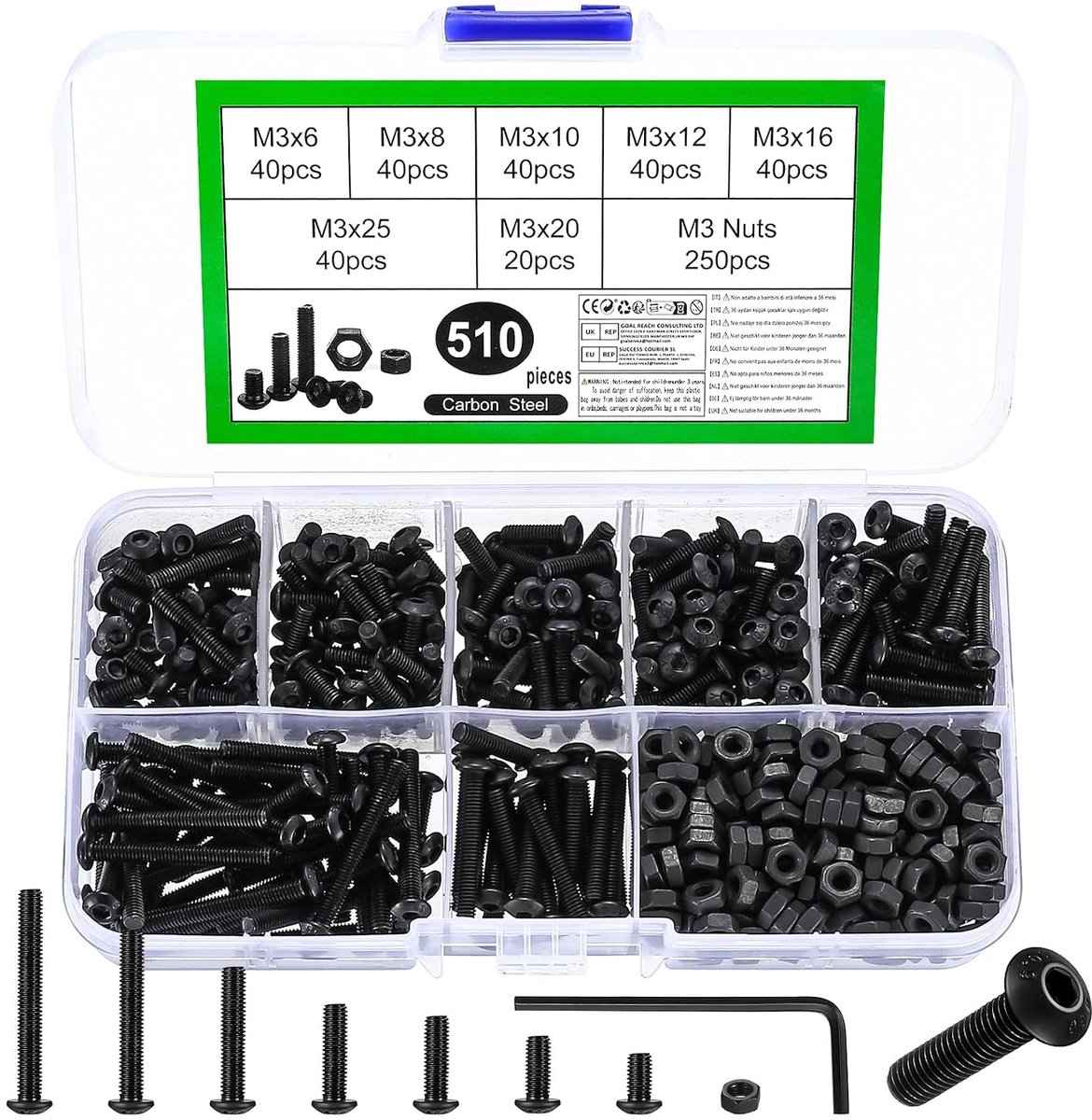510 stuks M3 schroevenset, binnenzeskant schroeven moerenset, lenskopschroeven assortiment, zeskant schroeven met moeren set, machineschroeven zwart rondkopschroeven, draadschrouwen set