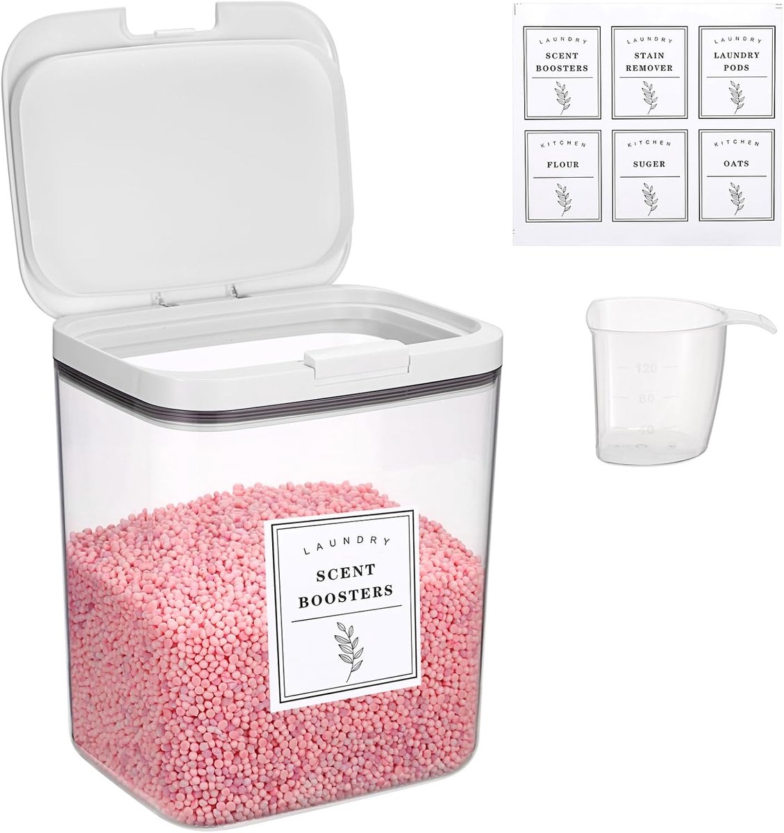 Opbergdoos van PET-kunststof, voorraaddoos met maatbeker, organizer voor wasmiddel, wasparels, geurende parels, meel, hondenvoer, kattenvoer, 5,5 l