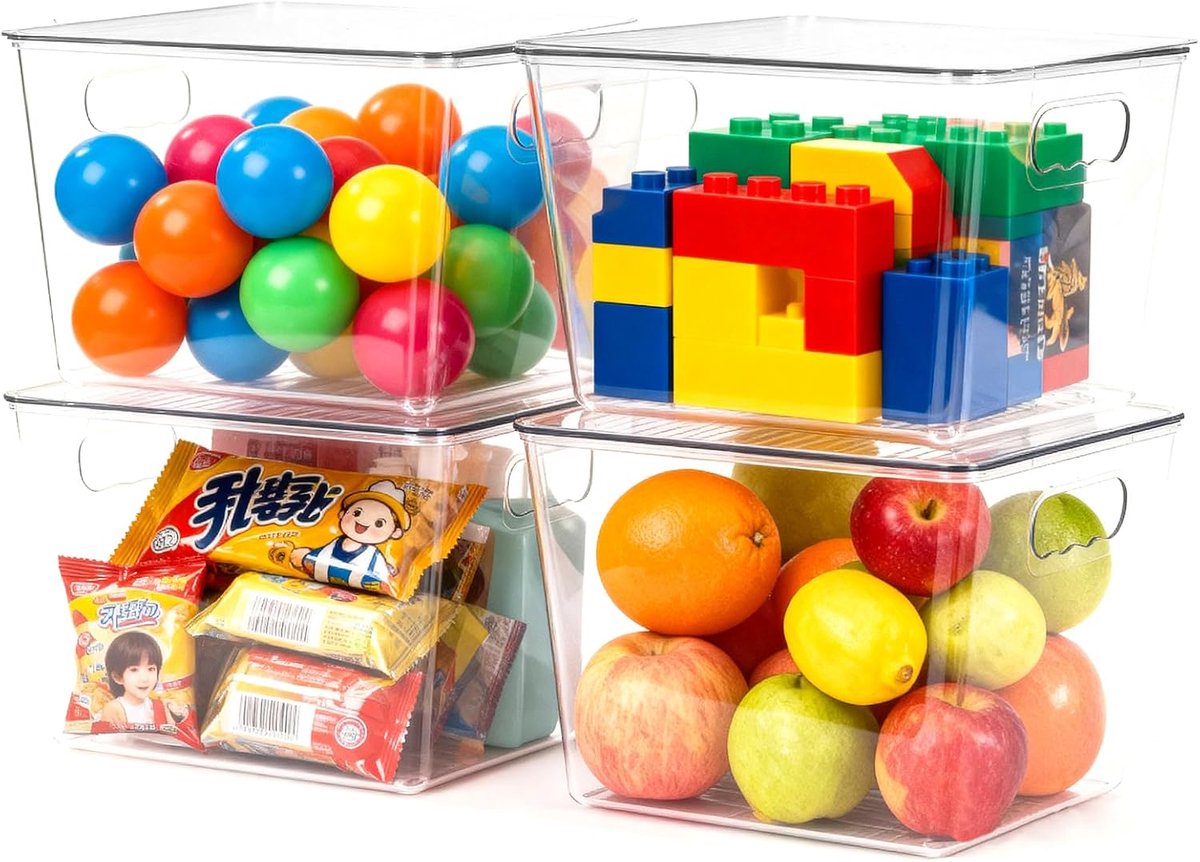 Stapelbaar, opbergkast, keukenorganizer voor gebruik in koelkasten, keukens, kasten en laden, BPA-vrij (4 stuks met deksel, L (29 x 19 x 15 cm)