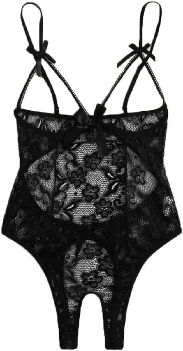 Dames sexy dameslingerie open crotchless bh backless transparante kanten jurken set-Black_L