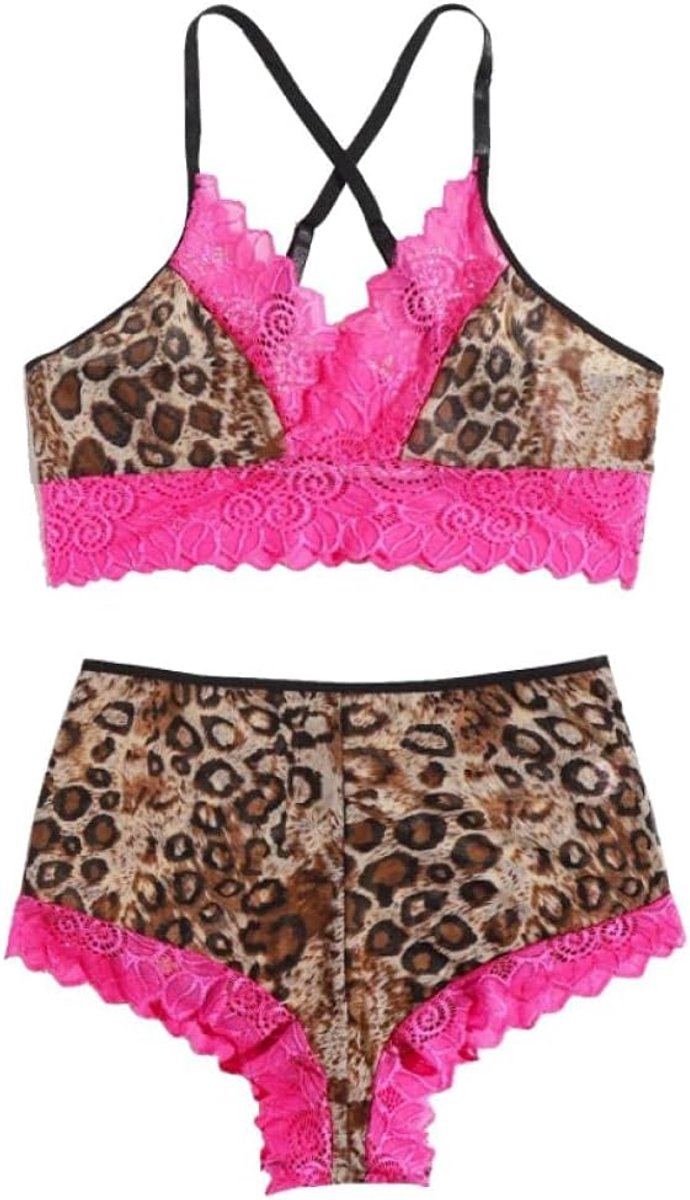Lingerie Dameslingerie Transparante Lingerie Sexy Kanten Beha Slipje Luipaardprint Jurk Set-Hot_Pink_M