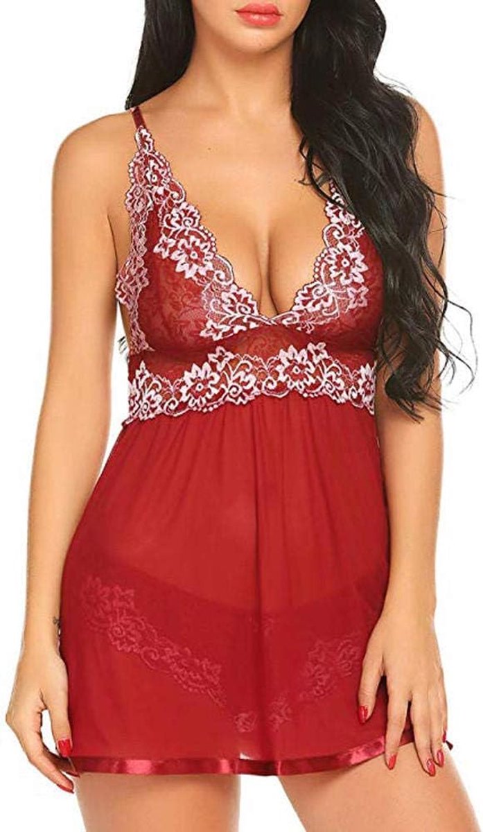 Dames Erotisch Ondergoed Vrouwen Kant Sexy Lingerie Verleiding V-hals Nachtkleding Transparante Porno Embroidery-Red_M