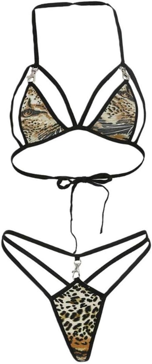 Dameskleding Sexy lingerie bh set panty g-string luipaard patroon panty v-hals sexy ondergoed set-Black_XL