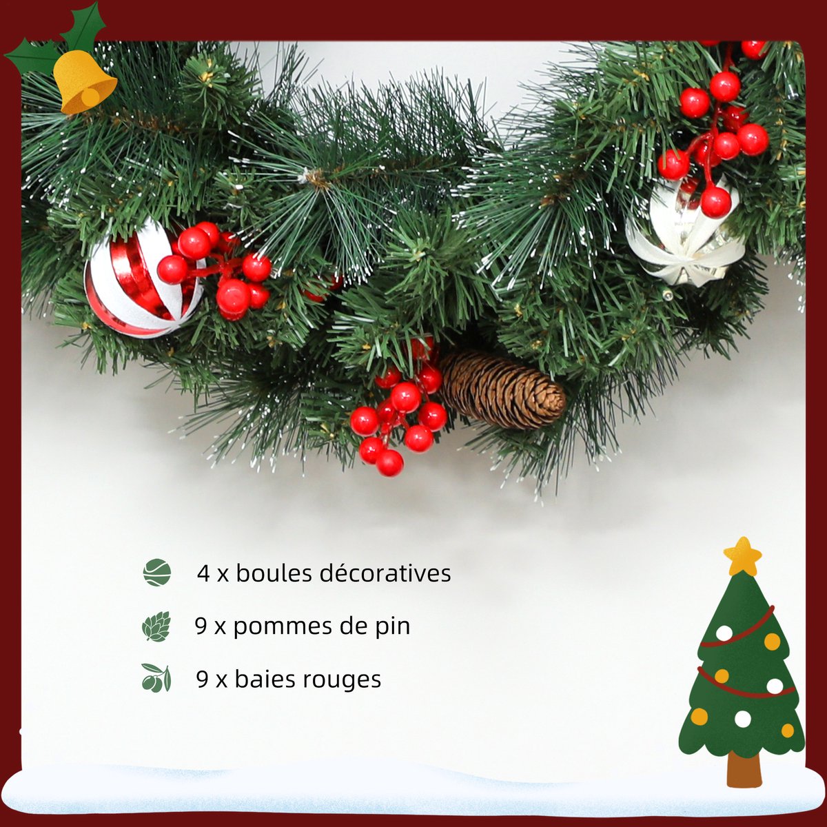 1 stuk - Verlichtte kerstkrans 60cm - Handgemaakte kerstversiering met LED warm wit licht, dennen, bessen en dennenappels, voor voordeur, open haard en raamdecoratie – foto 2