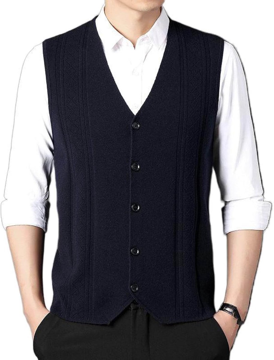 Argyle Vest Voor Heren Met V-Hals, Jeugdmode Heren Gebreid Vest Bovenkleding Casual Trendy Trui, Klassiek Zakelijk Heren Breigoed Gebreid Vest Trui Vest Tanktops, Marineblauw, S