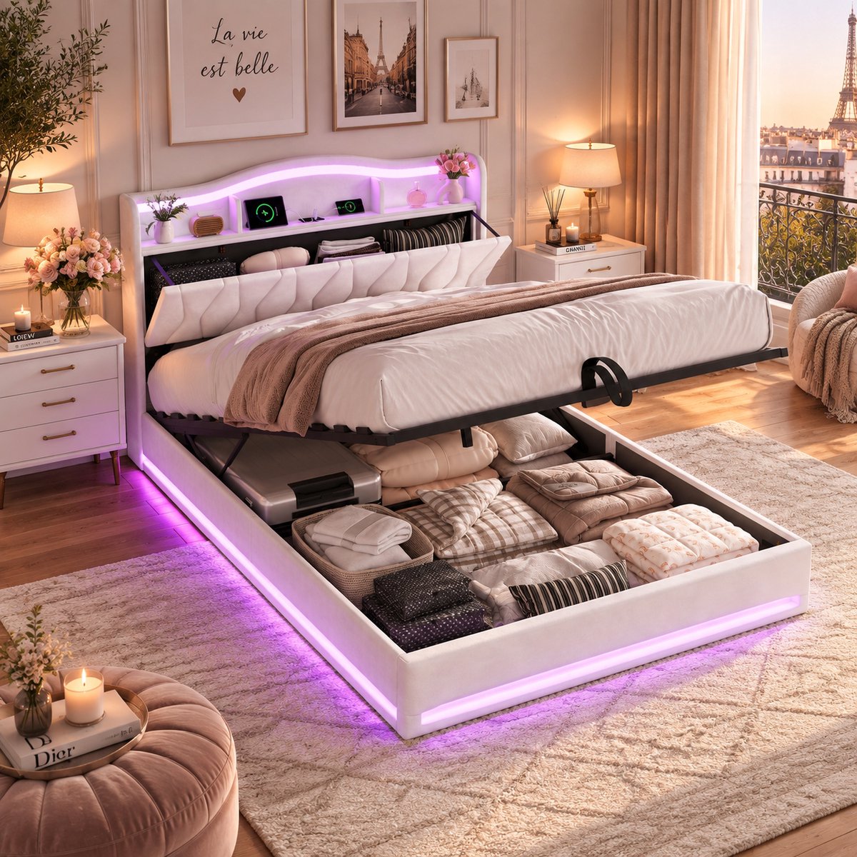 MEXUS Opbergbed 140x200 cm met opbergruimte, hydraulische lift, gestoffeerd Tweepersoonsbed met ledverlichting en USB/USB-C-poort, opbergbaar hoofdeinde, bed met lattenbodem, fluweel Beige