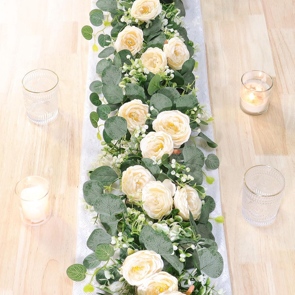 Kunstbloemenkrans Bruiloft Rozenkrank Slingers 2 Stuks Kunstbloemen Eucalyptus Slinger Hangende Slinger Witte Kunstplant voor Achtergrond Feestdecoratie (2, Champagne)