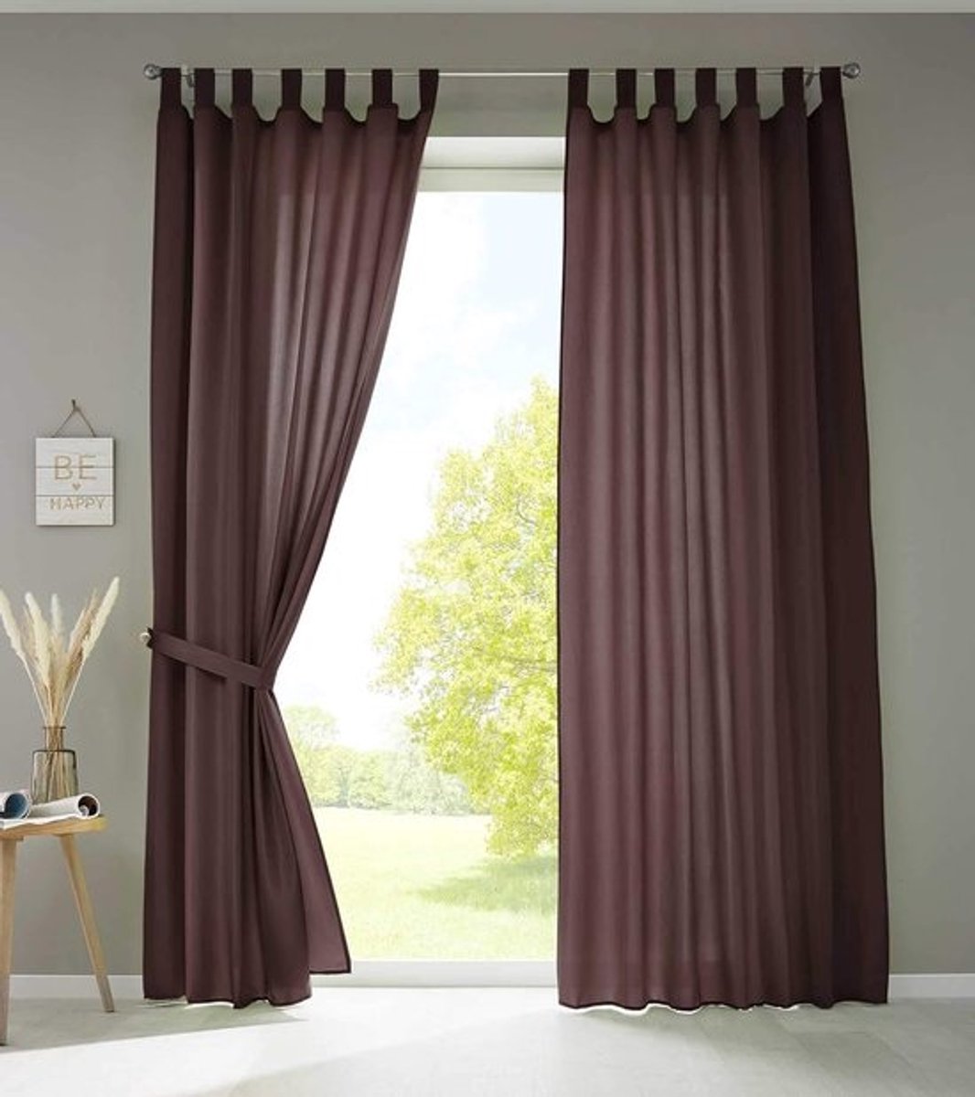 Set van 2 Ondoorzichtige Gordijnen met Lussen en Plooiband in Bruin, HxB 245x140 cm