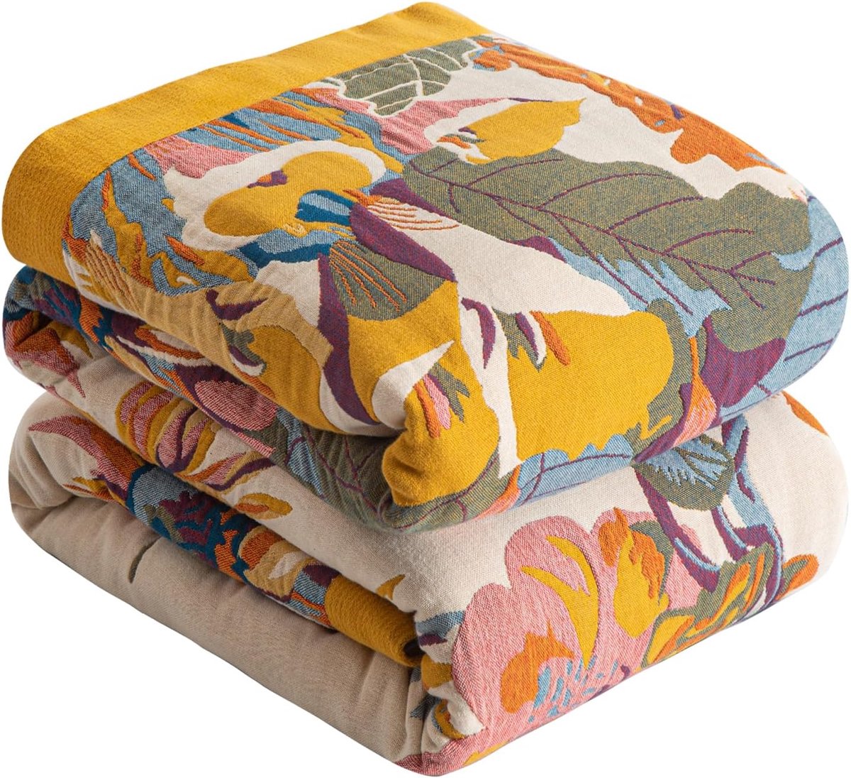 Boho deken, 100% katoen, grote dubbelzijdige mousseline, sprei, 230 x 250 cm, behaaglijke bankdeken en sprei, esthetisch design, ideaal voor woonkamer en slaapkamer, oranje/groen