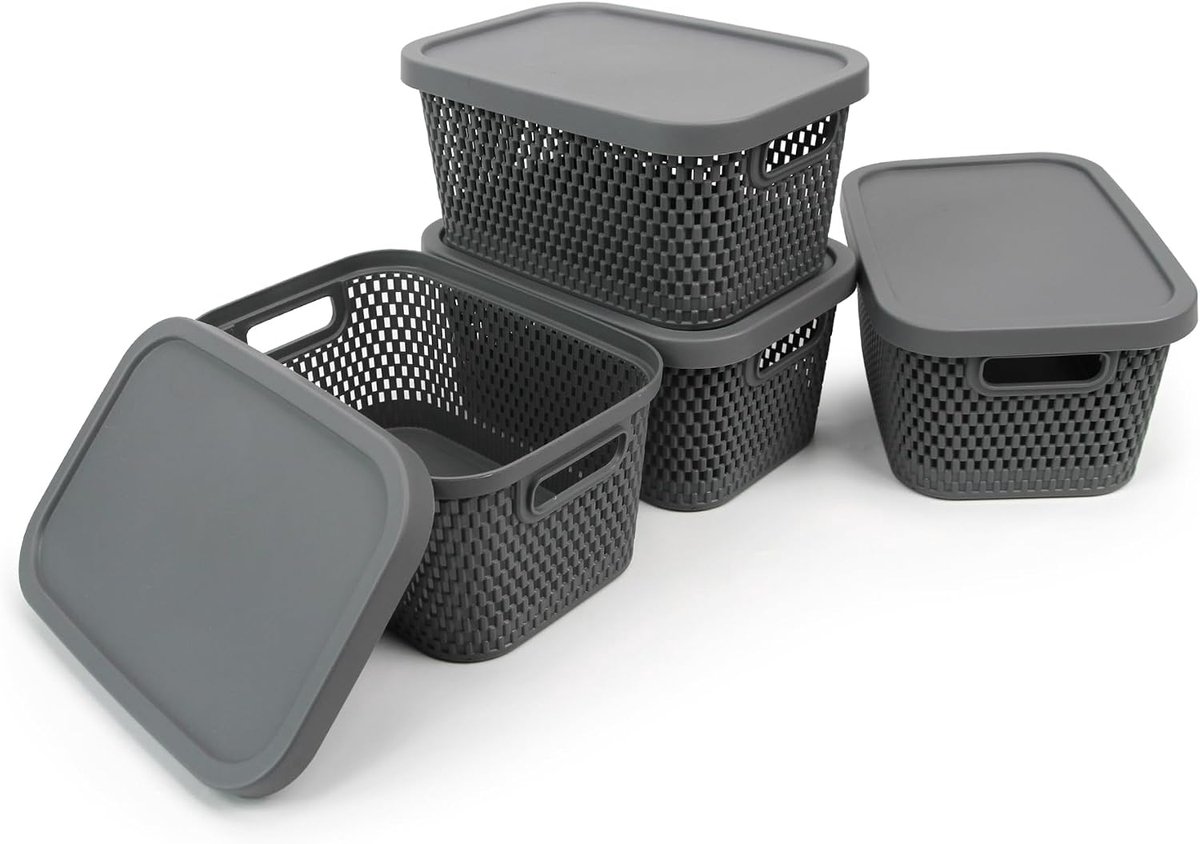 4 Stuks Opbergdoos met Deksel 3,5L Kunststof Opbergmand Stapelbare Opbergbakken Mand Organizer voor Keuken Badkamer Woonkamer Kantoor (24 x 17 x 12 cm, Grijs-Doorgebroken)