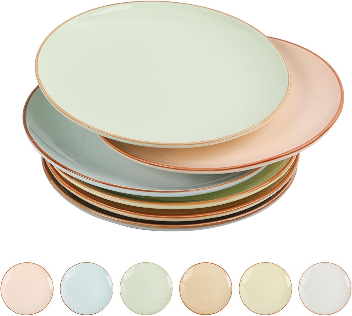 Dinerborden Set van 6 - 25 cm Grote Keramische Borden voor Salade, Pasta, Biefstuk - Kleurrijke Moderne Serveerschalen - Magnetron-, Oven- en Vaatwasserbestendig - Diverse Snoepkleuren