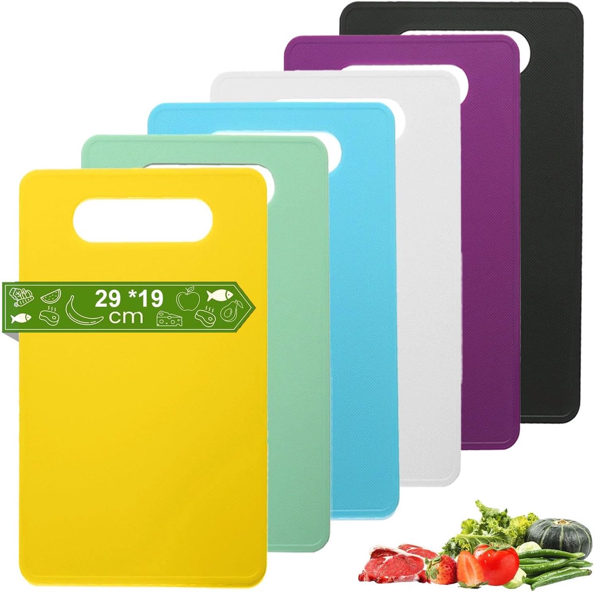 Set van 6 antislip snijplanken, 29 x 19 cm, PP-kunststof, BPA-vrij, vaatwasmachinebestendig, 6 kleuren