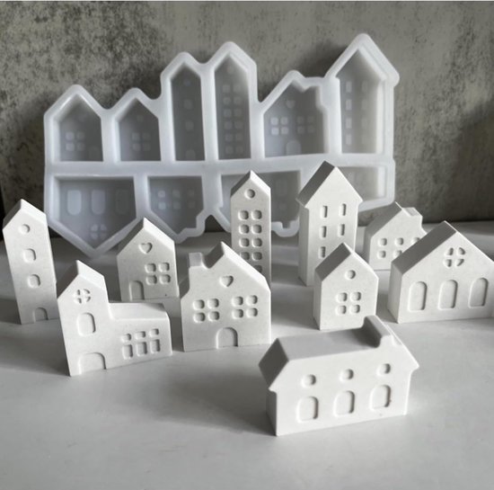 Gietvormen huizen, siliconen gietvorm, mini-huizen, 10 vormen om uit te gieten met gips, creatief beton, was, gietpoeder, gietvorm brandproduct — afbeelding 3