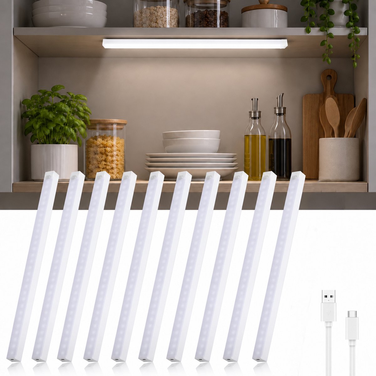 LOVHAUS 10 Stuks LED Kastlamp 50 cm – Bewegingssensor – USB Oplaadbaar – 6000K Koel Wit