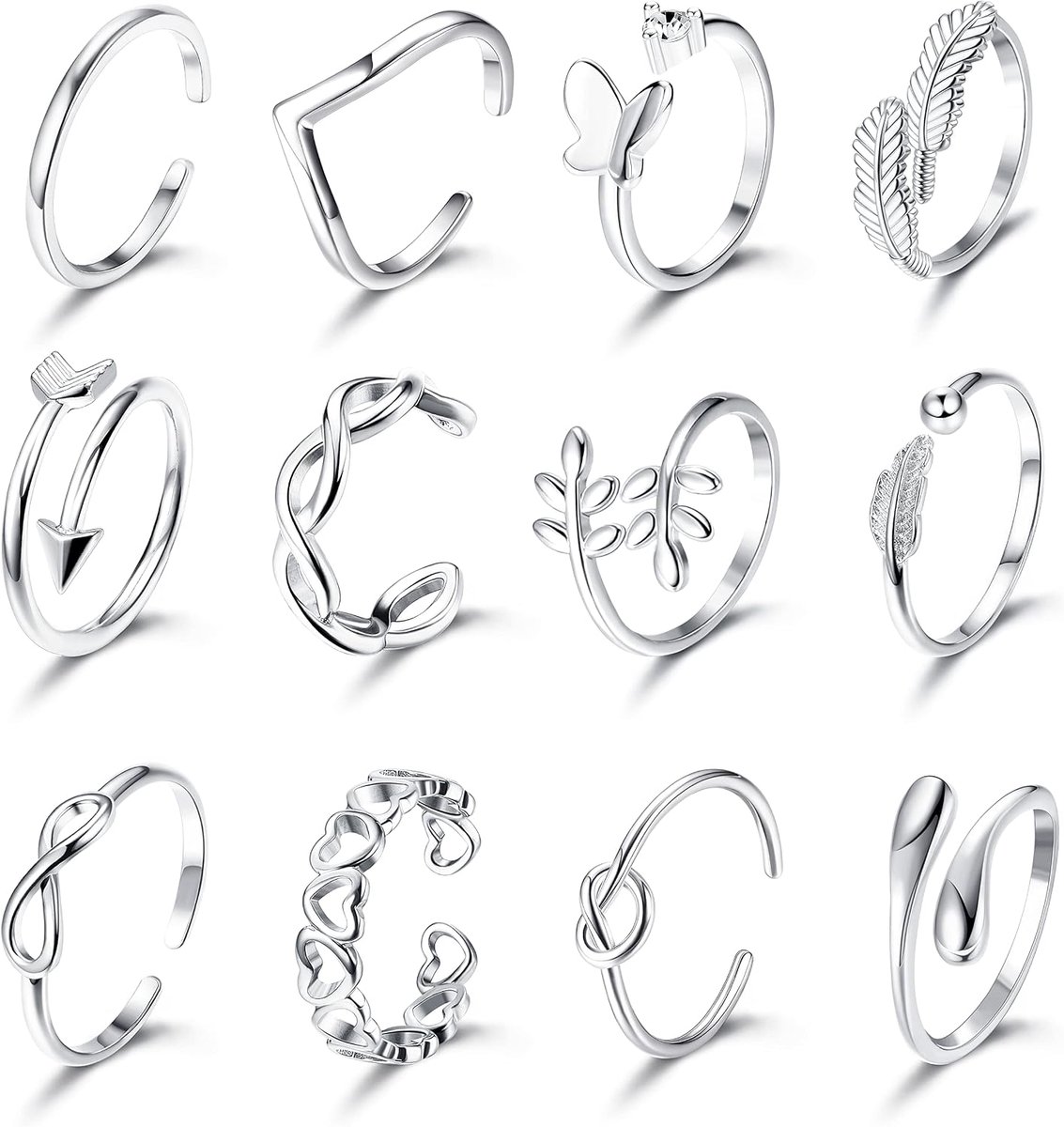Ringenset voor dames, meisjes, vrouwen, vingerringenset, knopen, golven, oneindigheid, veren, zilveren ringen, teenring, verstelbaar, Koper