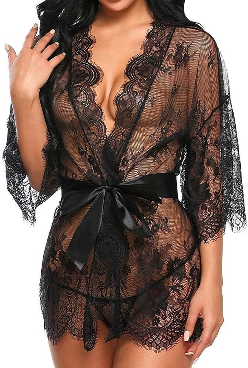 Dames Vrouwen Sexy Lingerie Verleiding Ondergoed Transparant Kant Slips Nachtkleding Beha Erotische Porno Mujer Nachtkleding-Black_XXL