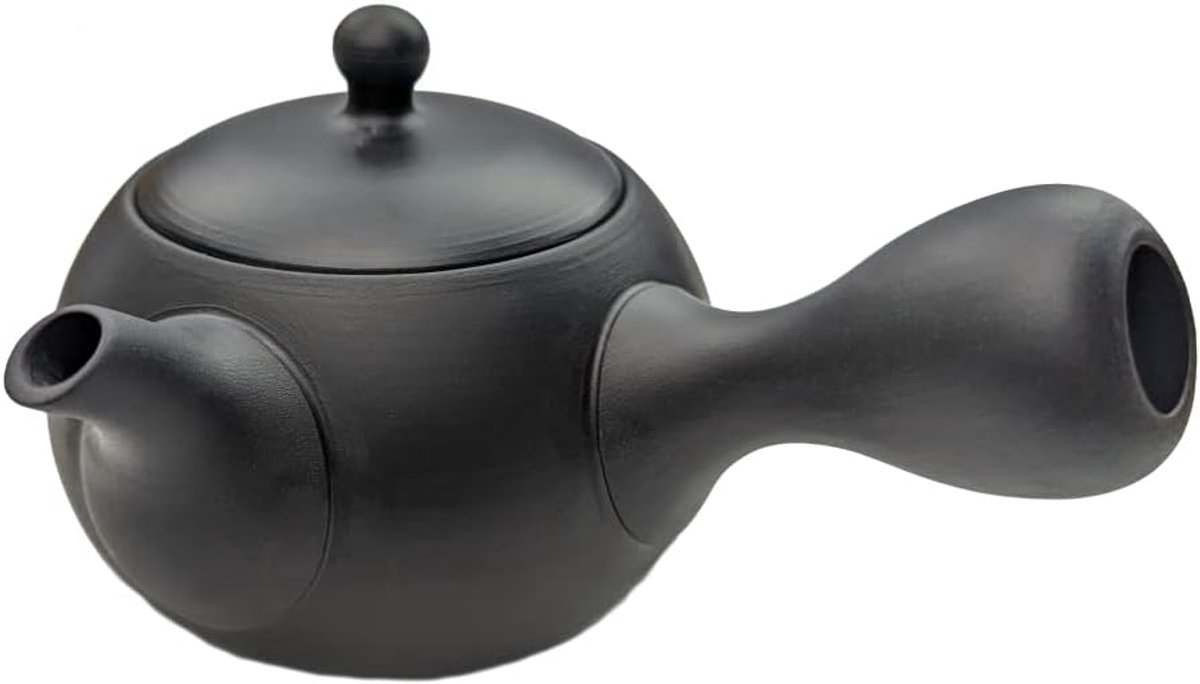 Japanse theepot met zijgreep voor groene thee, keramisch zwart 200ml uit Tokoname, geïntegreerd keramisch theezeefje, Aziatische eenhandtheepot