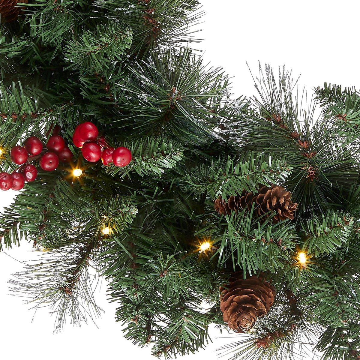 Kerstkrans – 40 cm – Kunstkrans met LED-verlichting – Feestelijke Decoratie – met Dennenappels, Bessen en Sneeuw – voor Voordeur, Ramen, Open Haard – foto 6