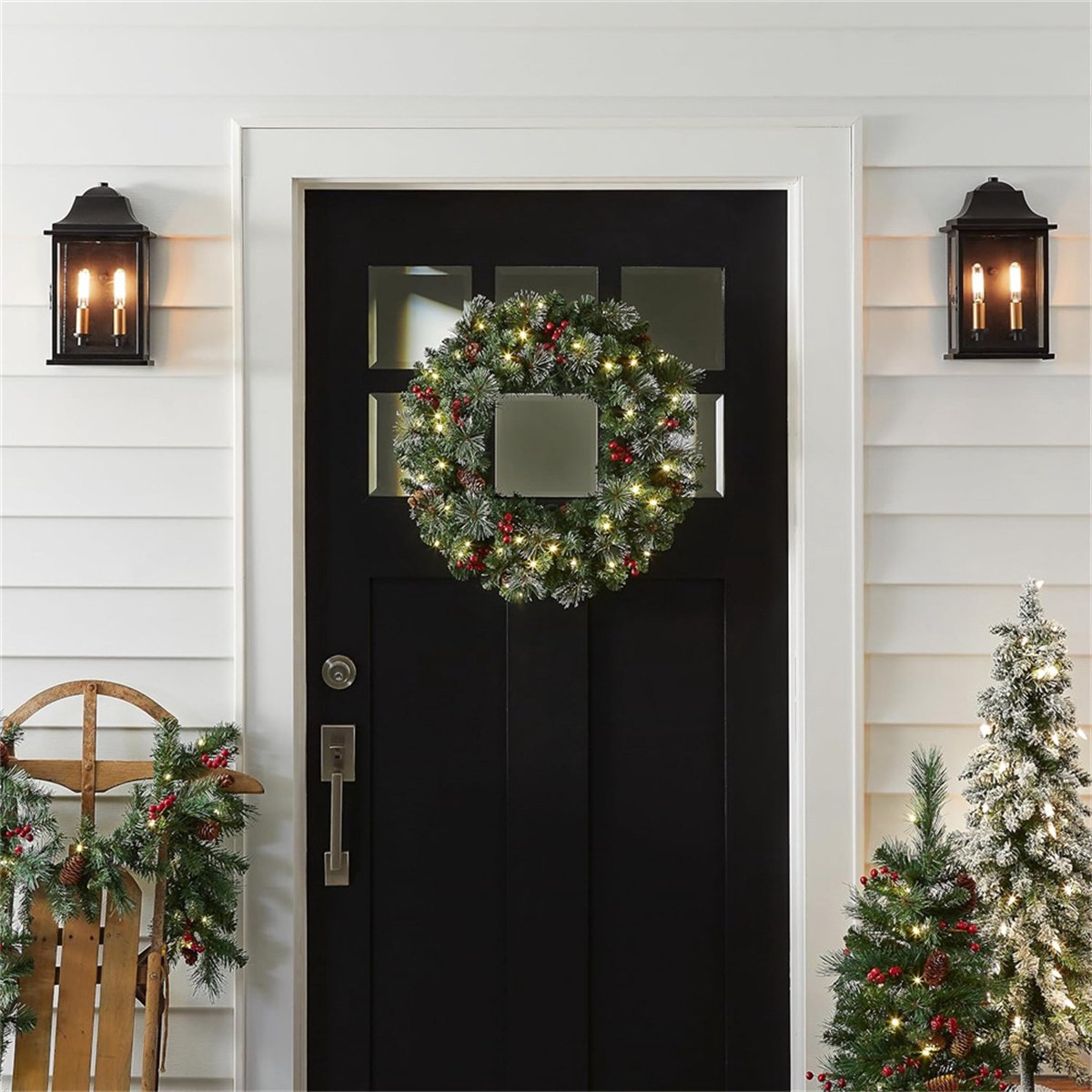 Kerstkrans – 40 cm – Kunstkrans met LED-verlichting – Feestelijke Decoratie – met Dennenappels, Bessen en Sneeuw – voor Voordeur, Ramen, Open Haard – foto 5