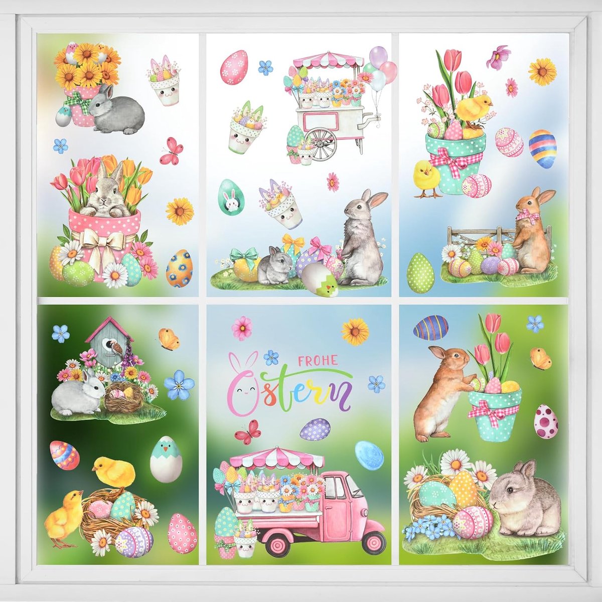 Raamstickers, paasstickers, herbruikbaar, decoratieve raamstickers, decoratie voor Pasen en lente (kleurrijk C)