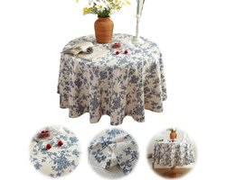 Tafelkleed – Katoen-linnen – Bloemenmotief – Rond – Vintage – Cottagecore-stijl – Machinewasbaar – Geschikt voor picknicks, bruiloften, feestdagen, feestjes, woondecoratie (Blauw – 140 cm)