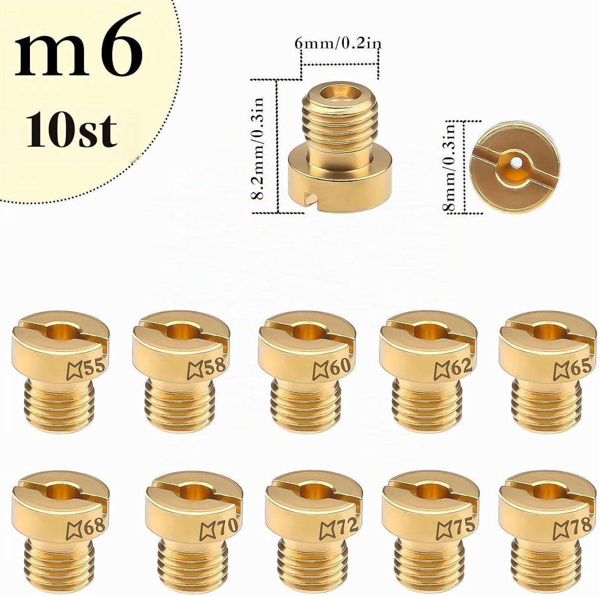 Sproeiers, M6, hoofdsproeierset, (55-78), 55, 58, 60, 62, 65, 68, 70, 72, 75, 78, gassproeiers voor gasgrill, scooter, motorfiets, schakelbromfiets