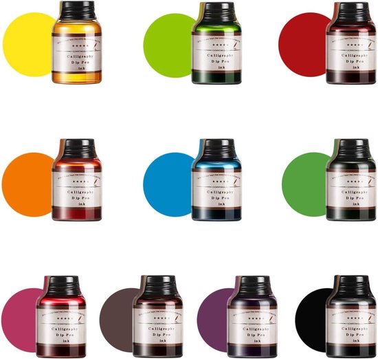 Vulpen Inkt - Set van 10 Kleuren x 20ml Inktflesjes - Koolstofvrije Inktvulling voor Dip Pen - voor Kalligrafie, Journaling, Schrijven en Tekenen GC-710 — afbeelding 2