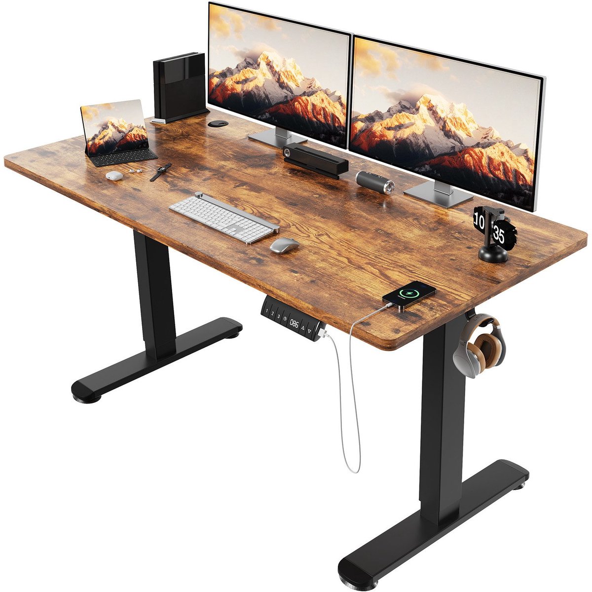 Devoko Elektrisch Verstelbaar Zit-Sta Bureau 140 × 70 cm – 18 mm Dik Tafelblad – Hoogte 72–118 cm – 3 Geheugenstanden en LED-Display – 4000 TPM Stille Motor – Draagvermogen 80 kg – Vintagebruin