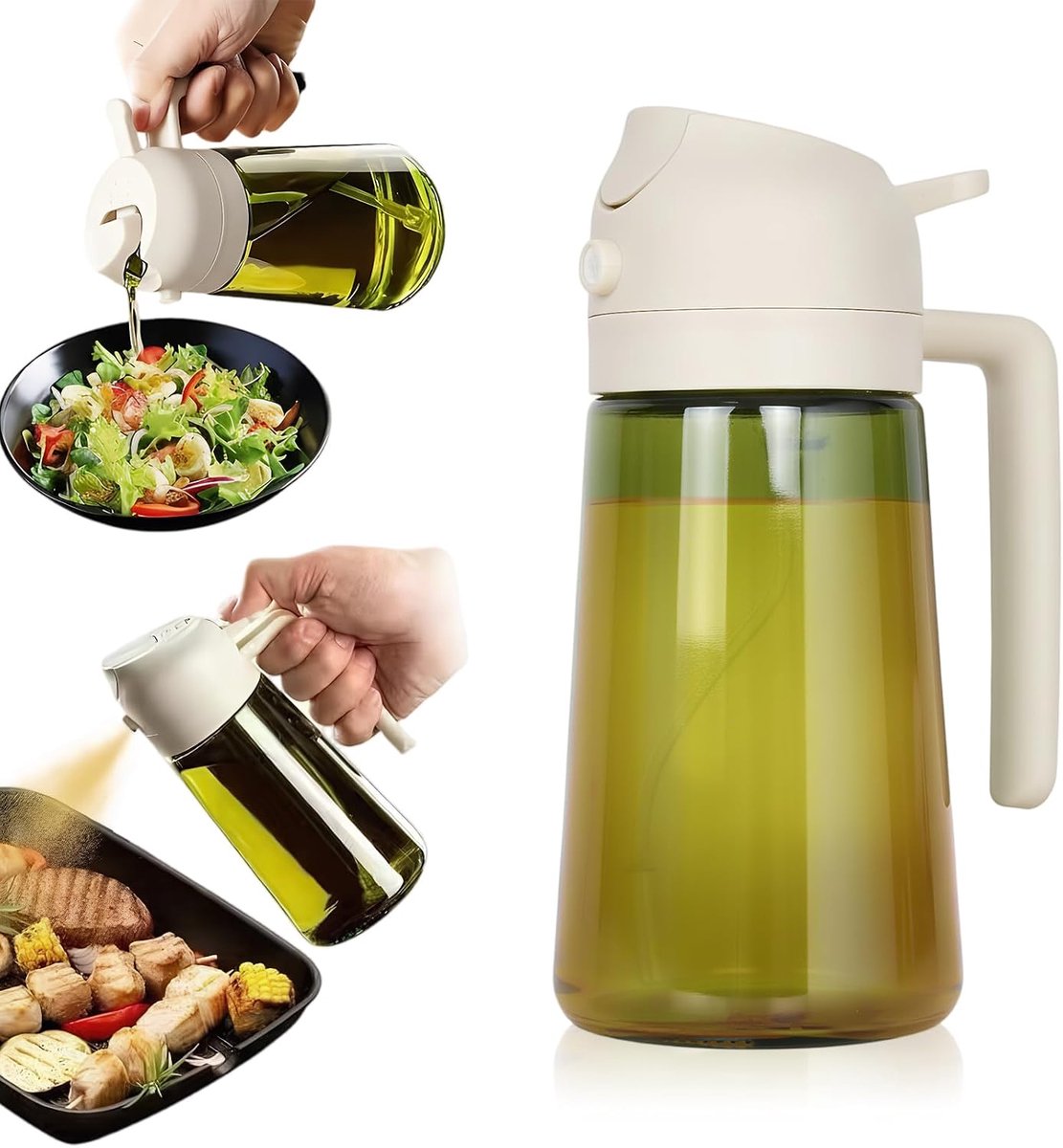 Oliefles, 470 ml, glazen oliefles, 2-in-1 oliedispenser en oliesproeier, olijfoliedispenser, olijfoliefles met etiket en olieborstel, oliespray voor keuken, luchtfriteuse, koken, salade en BBQ