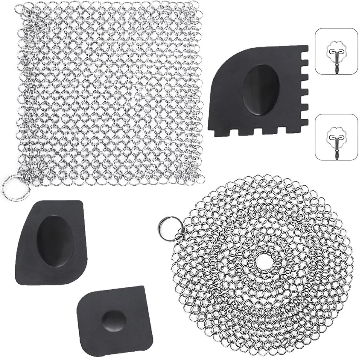 2 Gietijzerreinigers van roestvrij staal, ringreiniger van roestvrij staal met robuuste kunststof grillschaaf en zelfklevende haken voor het reinigen van Dutch Oven accessoires en andere