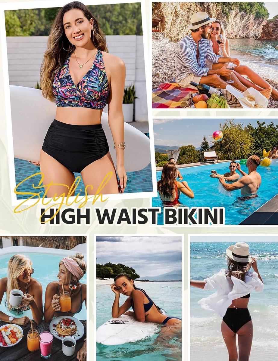 Dames hoog getailleerde 2-delige badpak bikinisets gewatteerde push-up buikcontrole badpakken vintage halter zwemkostuum strandkleding dames badmode, bloemen groen, S