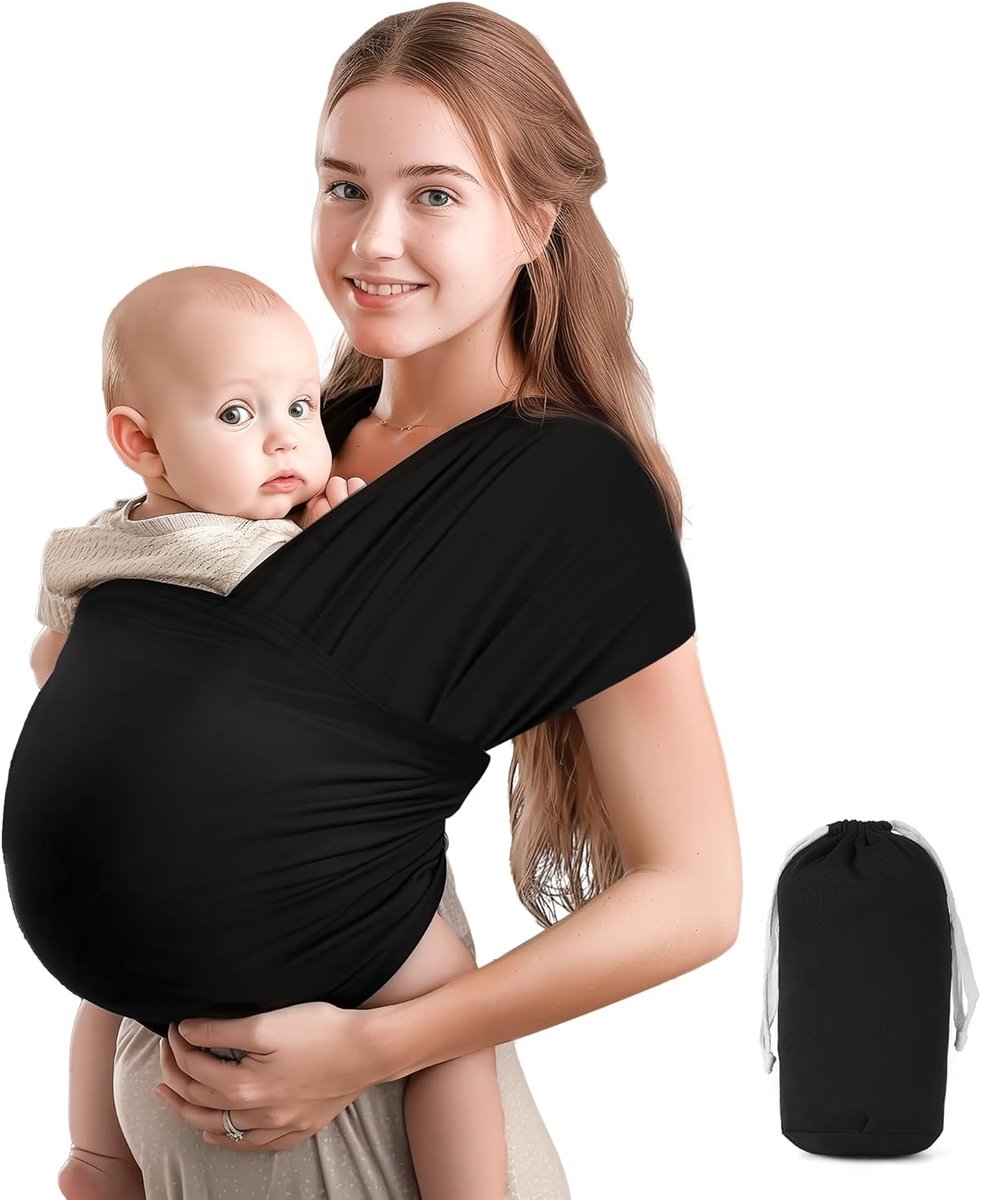 Draagdoek voor Baby's, Katoenen Ademende Draagdoek voor Zuigelingen, Maximale Draagkracht 15 kg, Afmetingen 5,3 m × 0,58 m, Ergonomisch Ontwerp (Zwart)