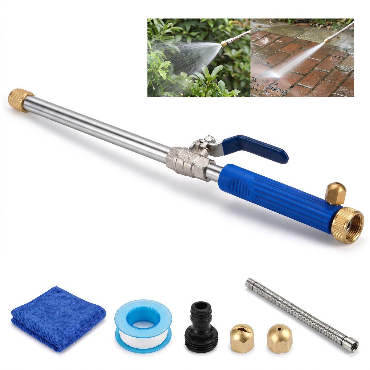 Hogedruk Waterpistool - Tuinslang Spuitpistool - Tuin en Wasstraat Waterpistool Set met Verlengslang Tape en Microvezeldoek - Blauw