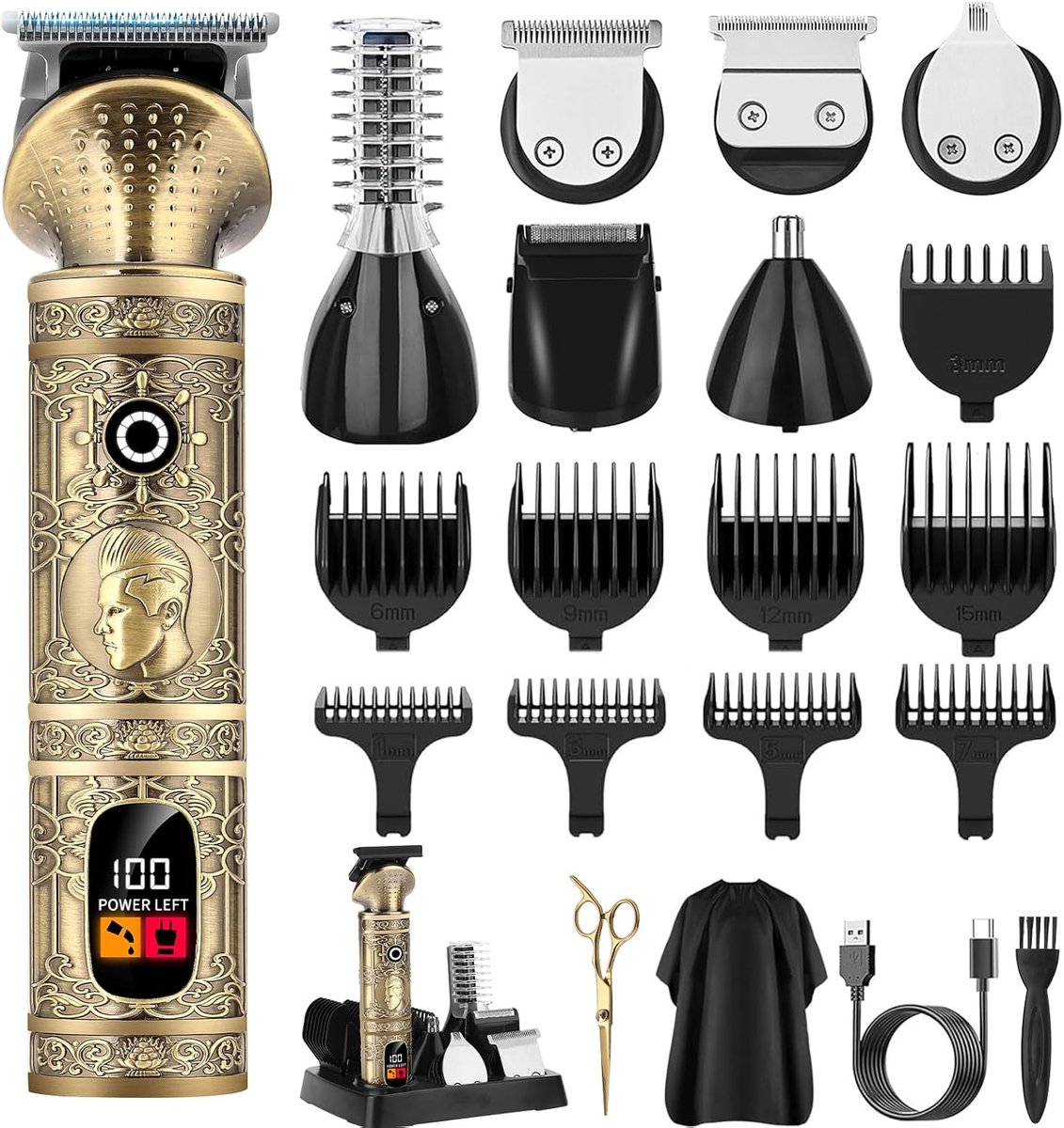Tondeuse, 6-in-1, draadloze tondeuse voor mannen met T-lemmet en opzetstukken, baardtrimmer, lichaamshaartrimmer, neushaartrimmer, precisiesnijsysteem (7500 tpm, accu)